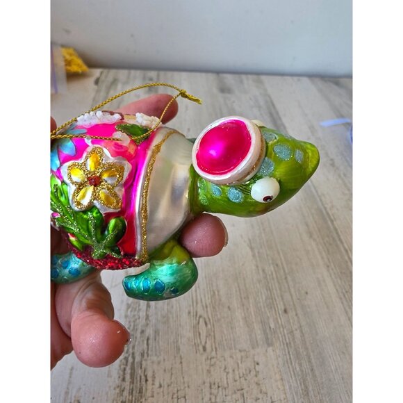 Sea turtle glass Hawaiian flower ornament green glitter Xmas tree - Picture 5 of 8